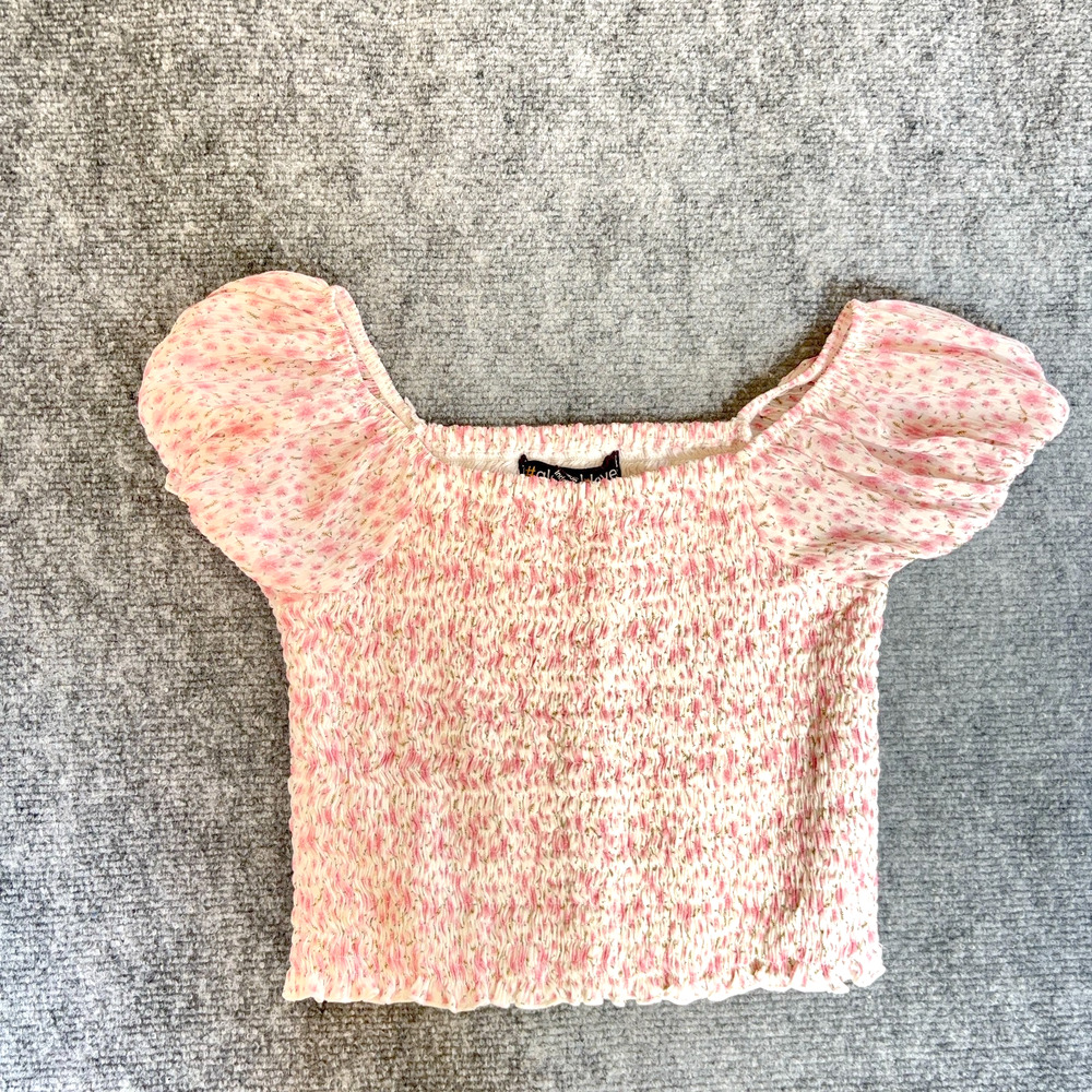 XS Smocked Floral Puff Sleeve Crop Top Coquette Cottagecore Pink Milkmaid